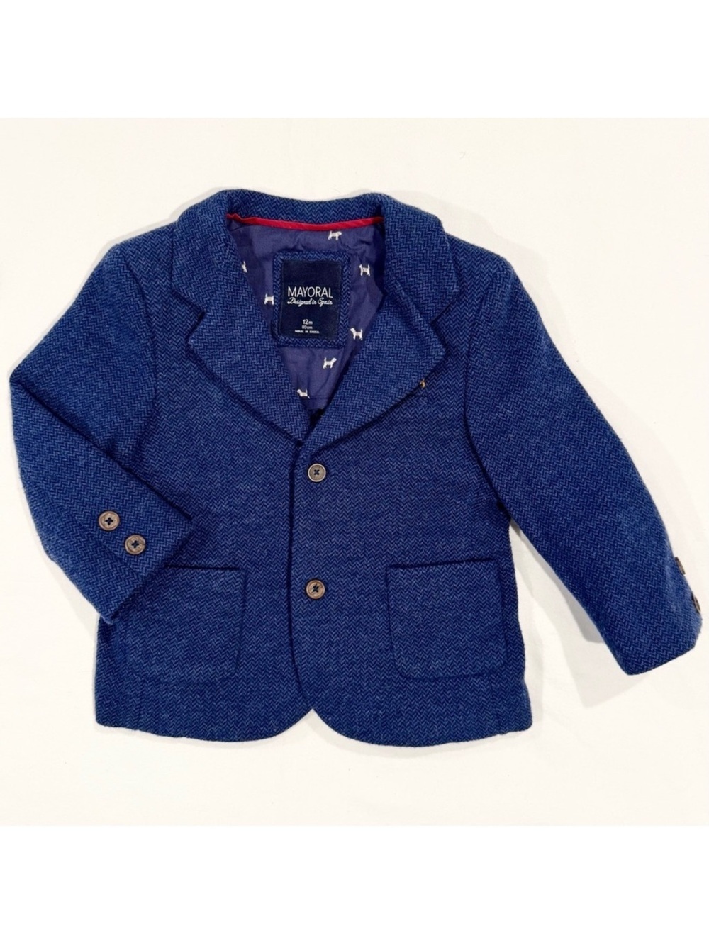 Mayoral Blue Herringbone Blazer Boys 12M Dress Jacket Tweed Embroidered Dog Coat